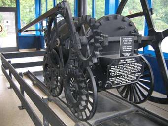 Trevithick's 1804 locomotive. This full-scale replica of the world's first steam-powered railway locomotive is in Telford Central Station, Telford, Shropshire